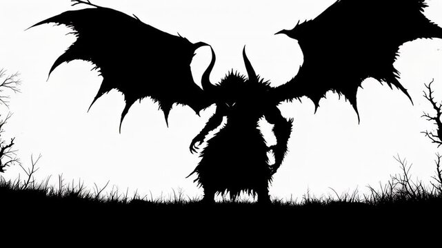 Silhouette of a winged demon figure against a stark white background.