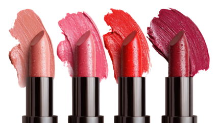 Four lipstick shades in varying tones of red and pink