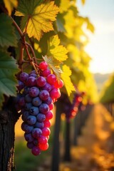 Fototapeta premium Sun-drenched bunches of ripe grapes hang heavy on the vine, ready for the autumn harvest Golden leaves add to the vibrant scene of a bountiful vineyard , still life, beautiful, beverage