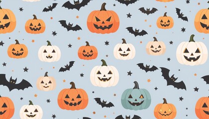 Fototapeta premium Seamless Halloween Pattern with Ghosts, Pumpkins, and Bats