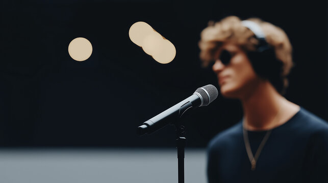 A singer records a demo in an audition booth with a microphone stand steady sheet music open headphones on and a sound engineer adjusting captured in a melodic photo with mic