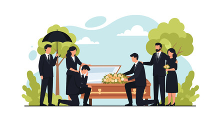 Naklejka premium Flat style illustration of grieving people in black clothing attending a funeral, standing beside a coffin with flowers, symbolizing loss, remembrance, sorrow, and emotional support