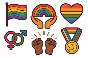 LGBTQ pride vector icon set with rainbow flag, heart, and medal. Symbols of diversity, inclusion, love, and equality. Gay rights, gender signs, protest fists. Cartoon illustration.