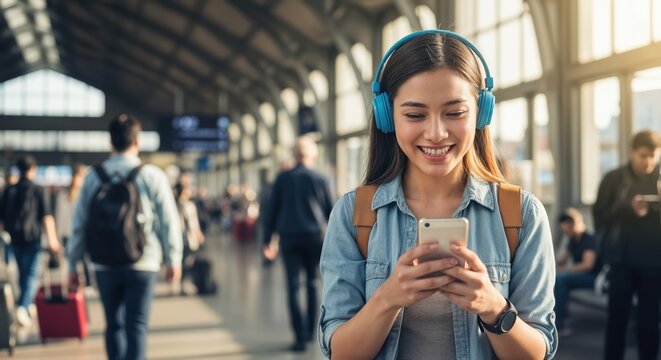 Young Asian woman traveler with backpack and headphones using smartphone at train station checking travel apps online checking timetable smiling happy lifestyle travel and transportation concept