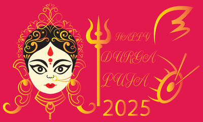 DRGA Puja festival illustration with goddess face. Vector illustration of Goddess DURGA face with festive decorative elements, symbolizing Hindu religious celebration and DURGA Puja greetings.