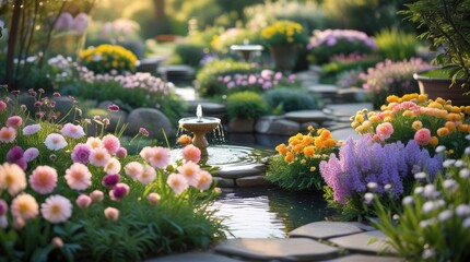 Fototapeta premium flower garden and small river 