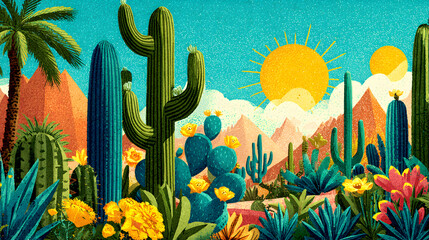 Illustration of a desert landscape with cacti and succulents
