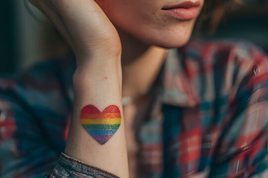 Close-up of LGBTQ rainbow heart tattoo on forearm, symbolizing pride, identity, and love in the LGBTQ community - Powered by Adobe