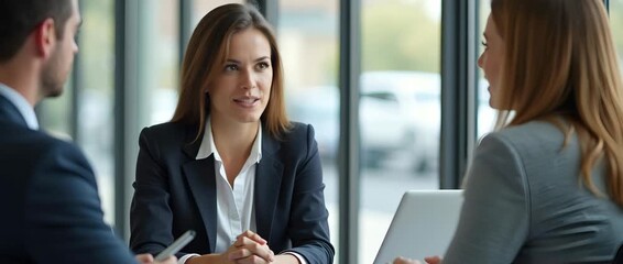Busy happy business woman professional bank manager lawyer attorney consulting client on finances management. Female executive speaking to colleague working at office corporate meeting vertical. conce
