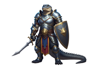 Obraz premium A detailed illustration of a reptilian warrior in full plate armor, holding a sword and shield.
