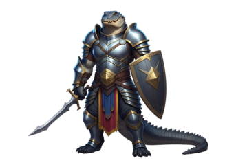 A detailed illustration of a reptilian warrior in full plate armor, holding a sword and shield.