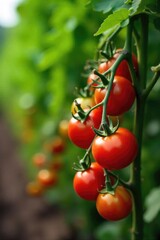 Vibrant red ripe tomatoes growing on the vine, lush green leaves, organic farming, healthy vegetables Perfect for cooking, salads, and sauces , salad, green, agriculture