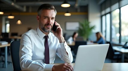 Smiling busy mature professional businessman and executive manager making mobile phone call while working on laptop in office effectively communicating in tech workplace. concept as Smiling busy matur - Powered by Adobe