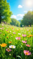 Vibrant spring meadow bursting with wildflowers, lush green grass, and bright sunshine Perfect for nature, springtime, and environmental themes , pollen, plants