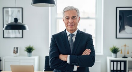 Confident Senior Businessman with Folded Arms in Modern Office Setting