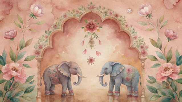 Ornate indian fresco painting with two elephants and floral motifs