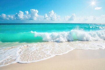 Vibrant turquoise ocean waves crashing on a pristine white sand beach, sunny skies overhead, perfect for a relaxing spring break getaway , sun, sand