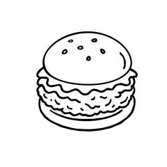 Chicken Burger Top View Outline Vector Illustration. Line Art Chicken Burger. Minimalist Chicken Burger Drawing. Hand Drawn Chicken Burger Outline. Monochrome Chicken Burger Top View. doodle burger.