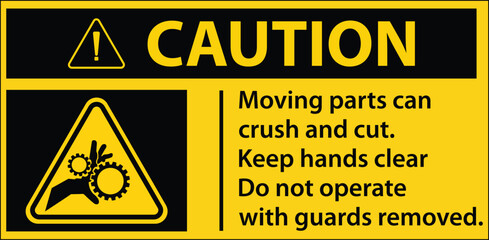 Caution Moving Parts Can Crush and Cut Label Sign logo, badge, icon, sticker, label, emblem, stamp, symbol, black, line, flat vector, isolated illustration.