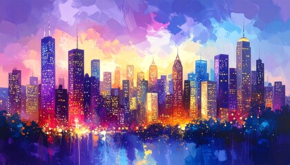 Fototapeta premium Vibrant Cityscape Watercolor Painting - A Modern Urban Impression.