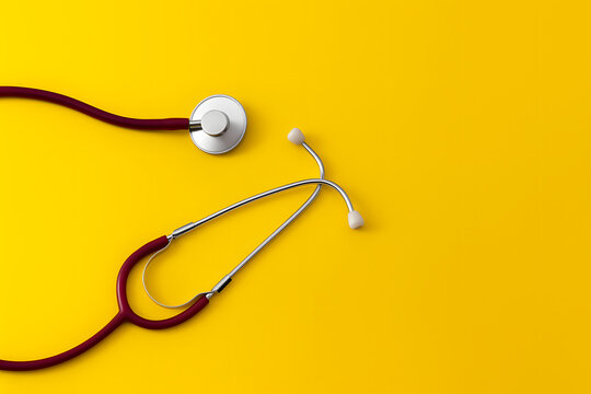 Stethoscope on Yellow Surface Medical Equipment Healthcare, Diagnosis, Doctor Tools and Medicine Background - Powered by Adobe