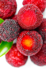 Fresh Red Yangmei Chinese Bayberry Fruits on White Background Display