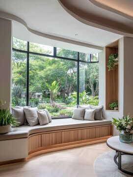 Stylish bay window seat with wooden storage.