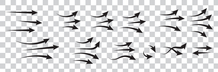 Air flow arrows set. Set of blue arrow showing wind air flow. Blue air flow arrows showing wind circulation and ventilation. Set of blue arrows showing direction of air movement.