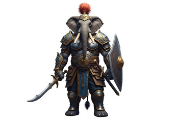 Fototapeta premium A powerfully armored elephant warrior stands guard, holding a sword and shield, with intricate details and rich colors.