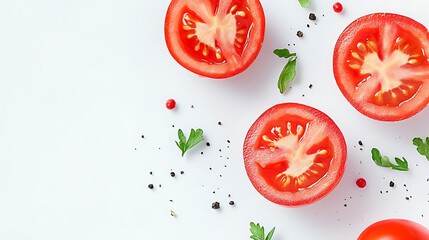 Fototapeta premium Freshly Cut Tomatoes with Arugula, Parsley, and Pepper on White Background, Flat Lay