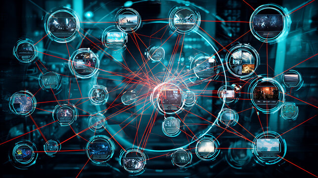 Digital network visualization with interconnected nodes and data streams in a futuristic technological environment