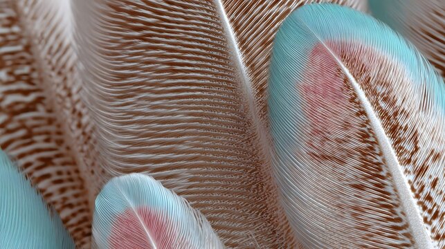 Close-up view of an intricate feather pattern displaying a captivating blend of earthy brown, soft blue, and delicate pink tones