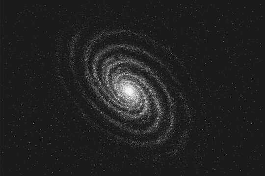 Vector stippling illustration of a spiral galaxy with glowing core and swirling star arms. Cosmic space artwork in dotwork style