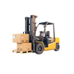 a clear, yellow forklift lifting cargo on a pallet against an isolated white background.