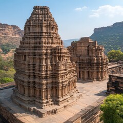 Fototapeta premium A stunning view of historical temples highlights ancient architecture and cultural heritage through intricate stone designs