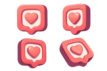 3D social media like icon set. Heart notification symbol for web and app design. Volumetric cartoon vector render from different angles. Follower love and favorite button.
