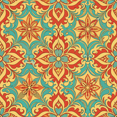 Ornate Vintage Floral Damask Pattern in Red, Yellow, and Teal with Textured Effect vector illustration