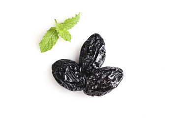 Xinjiang Dried Prunes with Fresh Mint on White Background - Healthy Snack Food Photography