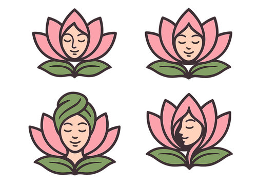 Cartoon podcast microphone in lotus flower emblem. Vector illustration for broadcast show, podcast branding, audio production, meditation, wellness, beauty, spa, floral decoration, peaceful concept.