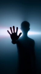 Mysterious silhouette of a person with a raised hand against a glowing light in a foggy atmosphere.
