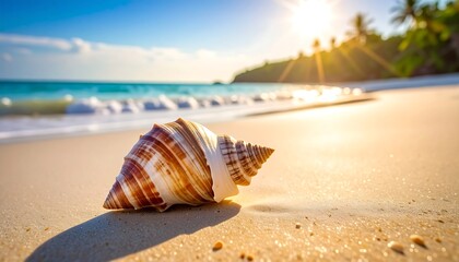 Obraz premium A seashell rests on a sun-kissed sandy beach as gentle waves lap the shore under a bright, warm sun