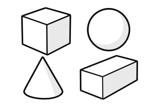 3D geometric shapes vector set. Cube, sphere, cone, rectangular prism. Simple isolated shapes in different angles. White minimalist design, bold outlines. Educational, math concept illustration.