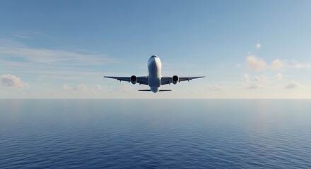 Fototapeta premium A commercial airplane taking off over a calm, vast ocean under a clear blue sky with scattered clouds