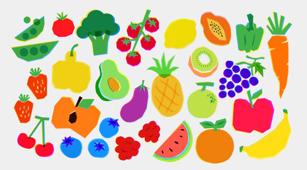 Vegetables and fruits risograph illustration
