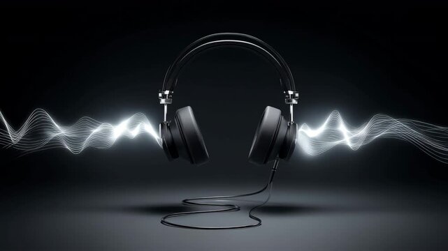 黒いヘッドホンと濃色背景の静物構図イメージ