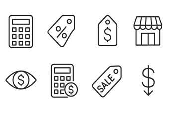 Minimalist price line icon set with editable stroke, showcasing calculator, discounts, cost, retail, shopping insights, estimates, offers, and affordability.
