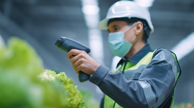 A man wearing a mask and a safety vest is holding a barcode scanner