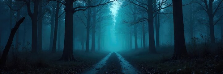Obraz premium A spooky forest path at night, shrouded in mist with ominous shadows suggesting lurking creatures Perfect for Halloween, horror, fantasy themes , night, supernatural