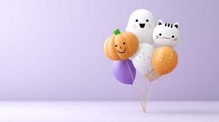 Celebrate Halloween with playful and whimsical balloons featuring a ghost, a jack-o'-lantern, and a cute cat, perfect for any festive occasion, party, or celebration.
