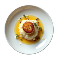 Golden Crusted Scallop on Cauliflower Puree with Brown Butter Drizzle and Fresh Garnish